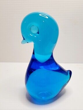 Blue Art Glass Duck Figurine Hand Blown Murano Style Bird Sculpture